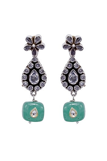 Black Rhodium Finish Kundan & Green Onyx Dangler Earrings
