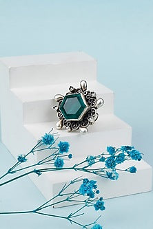 Black Rhodium Finish Faux Emerald Ring