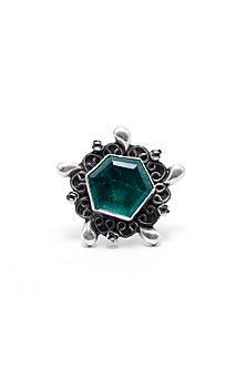 Black Rhodium Finish Faux Emerald Ring