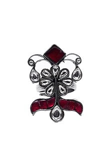 Black Rhodium Finish Kundan & Red Onyx Ring