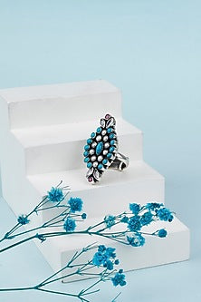 Black Rhodium Finish Turquoise Gemstone & Pearl Ring