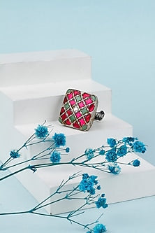 Black Rhodium Finish Green & Red Stone Ring