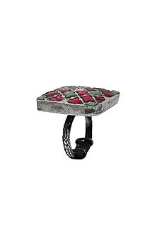 Black Rhodium Finish Green & Red Stone Ring