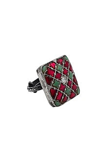 Black Rhodium Finish Green & Red Stone Ring