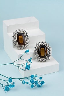 Black Rhodium Finish Onyx Checkered Stud Earrings
