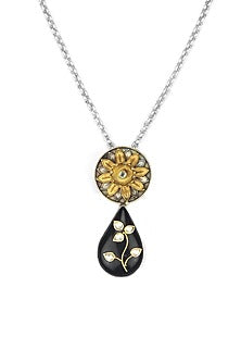 Gold Plated Kundan Polki & Labradorite Stone Floral Pendant Necklace In Sterling Silver