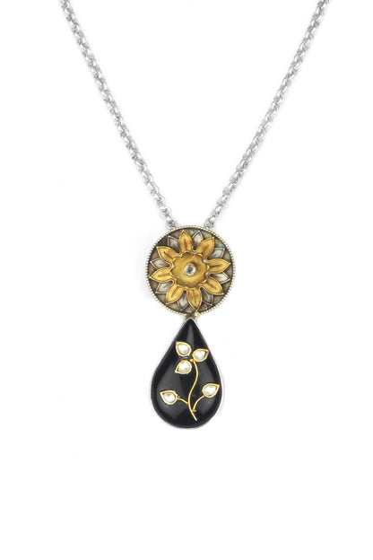 Gold Plated Kundan Polki & Labradorite Stone Floral Pendant Necklace In Sterling Silver