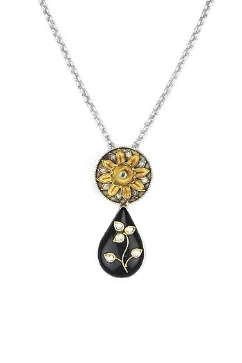 Gold Plated Kundan Polki & Labradorite Stone Floral Pendant Necklace In Sterling Silver