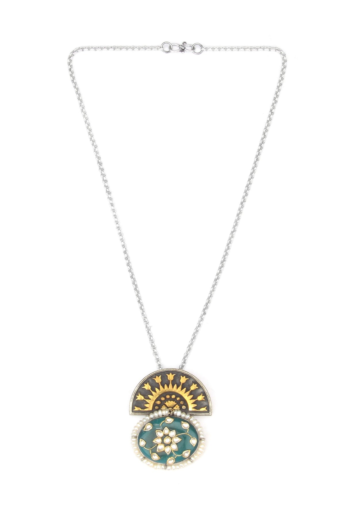 Gold Finish Kundan Polki & Green Onyx Pendant Necklace In Sterling Silver