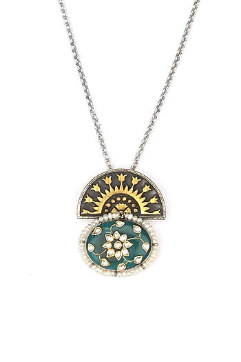 Gold Finish Kundan Polki & Green Onyx Pendant Necklace In Sterling Silver