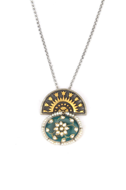 Gold Finish Kundan Polki & Green Onyx Pendant Necklace In Sterling Silver