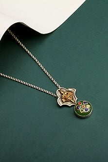 Gold Finish Kundan Polki & Green Onyx Pendant Necklace In Sterling Silver