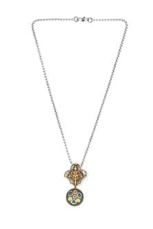 Gold Finish Kundan Polki & Green Onyx Pendant Necklace In Sterling Silver