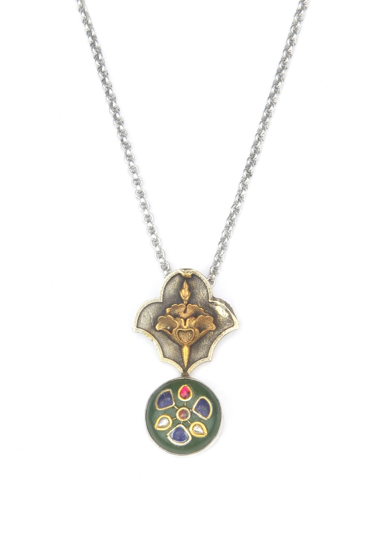 Gold Finish Kundan Polki & Green Onyx Pendant Necklace In Sterling Silver
