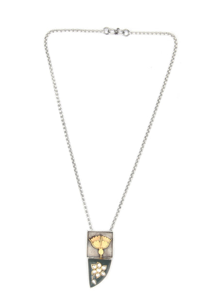 Gold Finish Kundan Polki & Green Onyx Pendant Necklace In Sterling Silver
