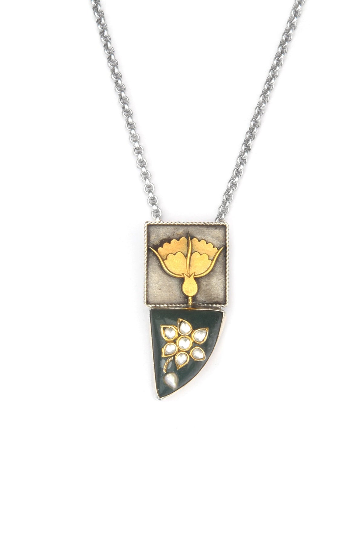 Gold Finish Kundan Polki & Green Onyx Pendant Necklace In Sterling Silver