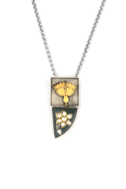 Gold Finish Kundan Polki & Green Onyx Pendant Necklace In Sterling Silver