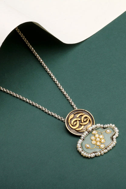 Gold Finish Kundan Polki & Green Onyx Pendant Necklace In Sterling Silver