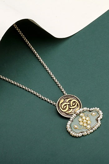 Gold Finish Kundan Polki & Green Onyx Pendant Necklace In Sterling Silver