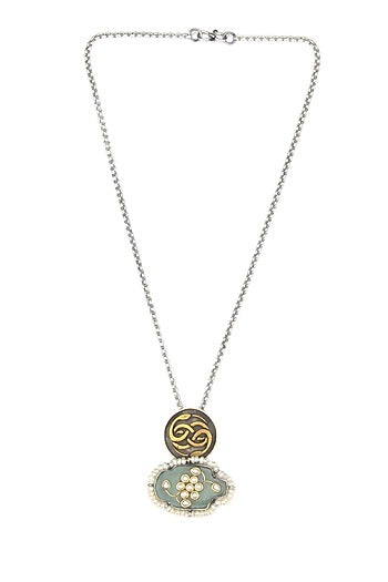 Gold Finish Kundan Polki & Green Onyx Pendant Necklace In Sterling Silver