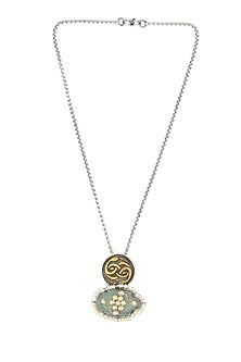 Gold Finish Kundan Polki & Green Onyx Pendant Necklace In Sterling Silver