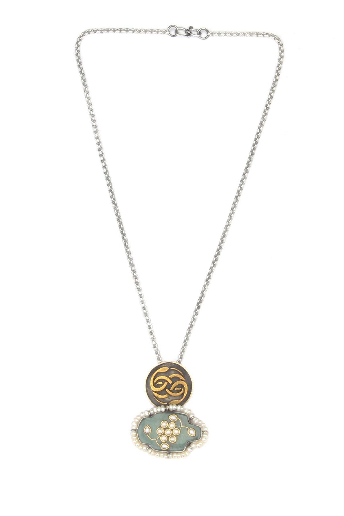 Gold Finish Kundan Polki & Green Onyx Pendant Necklace In Sterling Silver