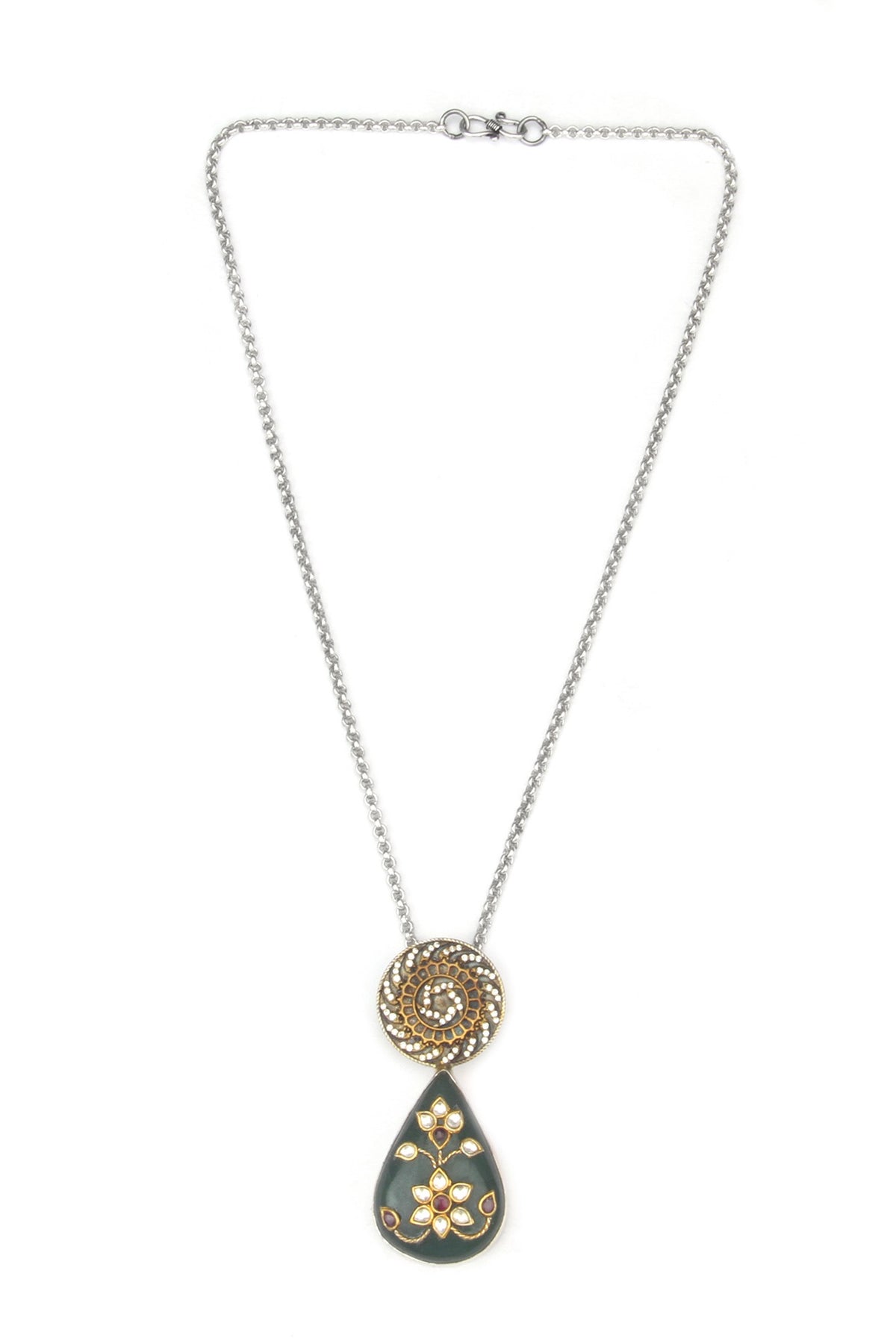 Gold Finish Kundan Polki & Labradorite Stone Pendant Necklace In Sterling Silver