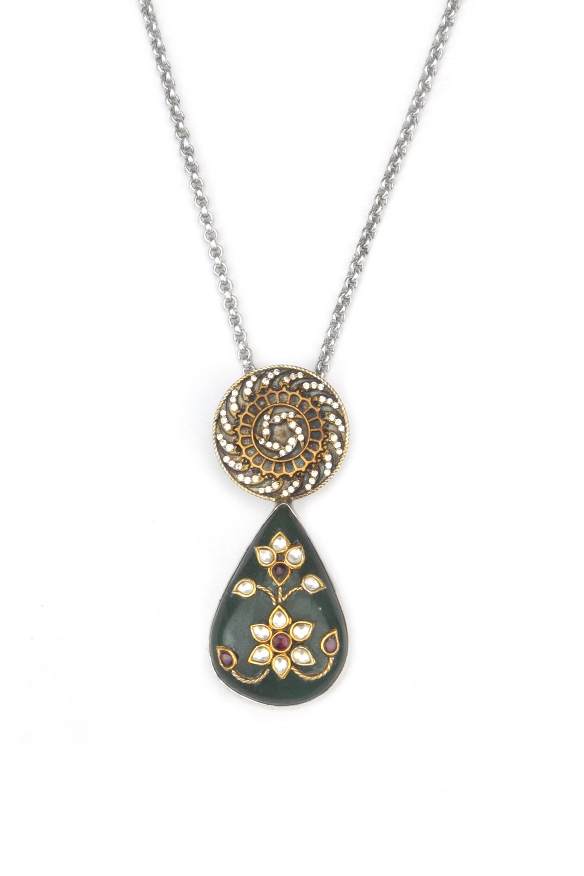 Gold Finish Kundan Polki & Labradorite Stone Pendant Necklace In Sterling Silver