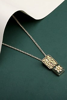 Gold Finish Kundan Polki & Green Onyx Pendant Necklace In Sterling Silver