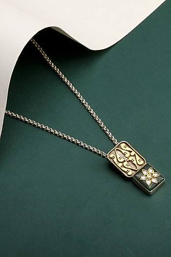 Gold Finish Kundan Polki & Green Onyx Pendant Necklace In Sterling Silver