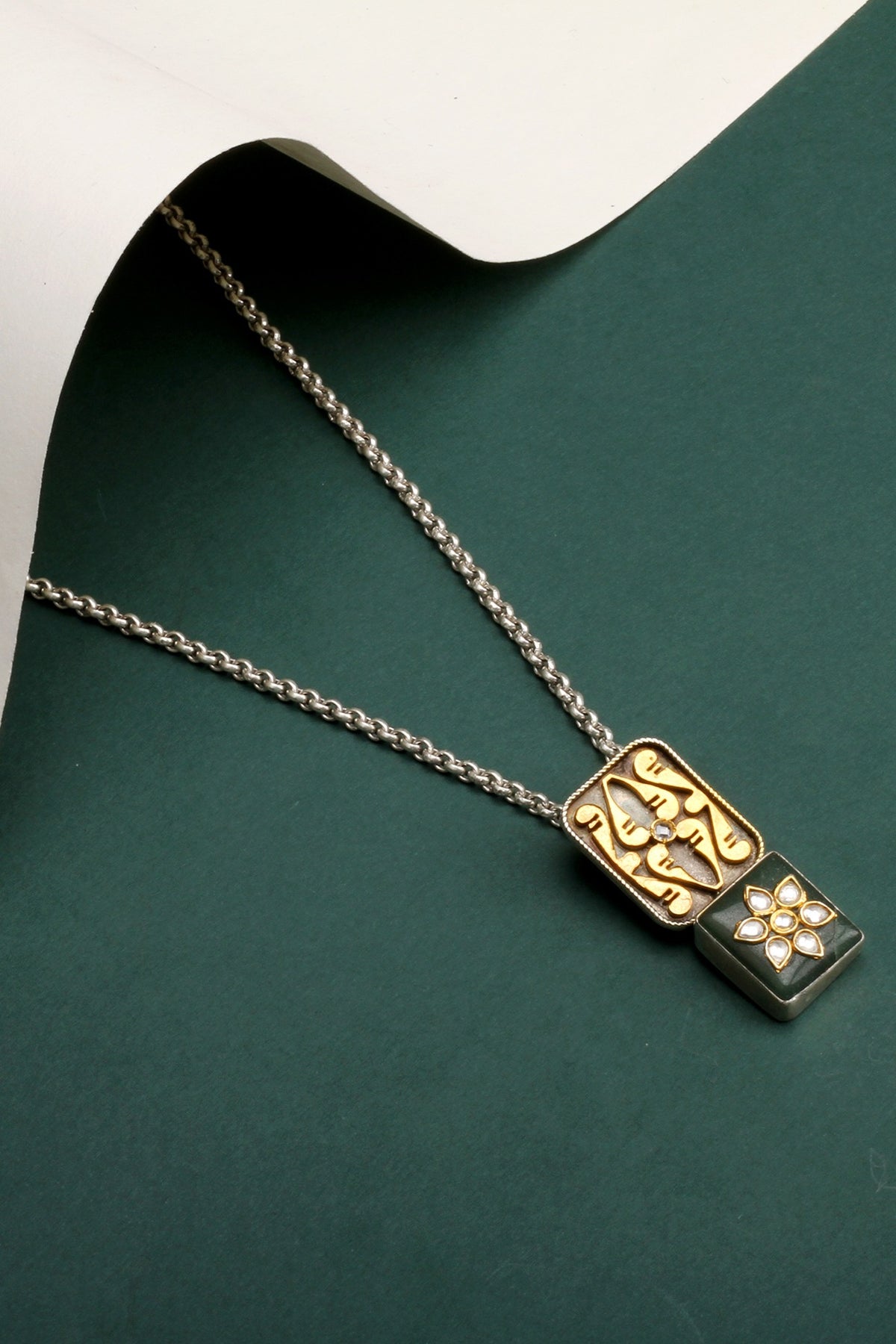 Gold Finish Kundan Polki & Green Onyx Pendant Necklace In Sterling Silver