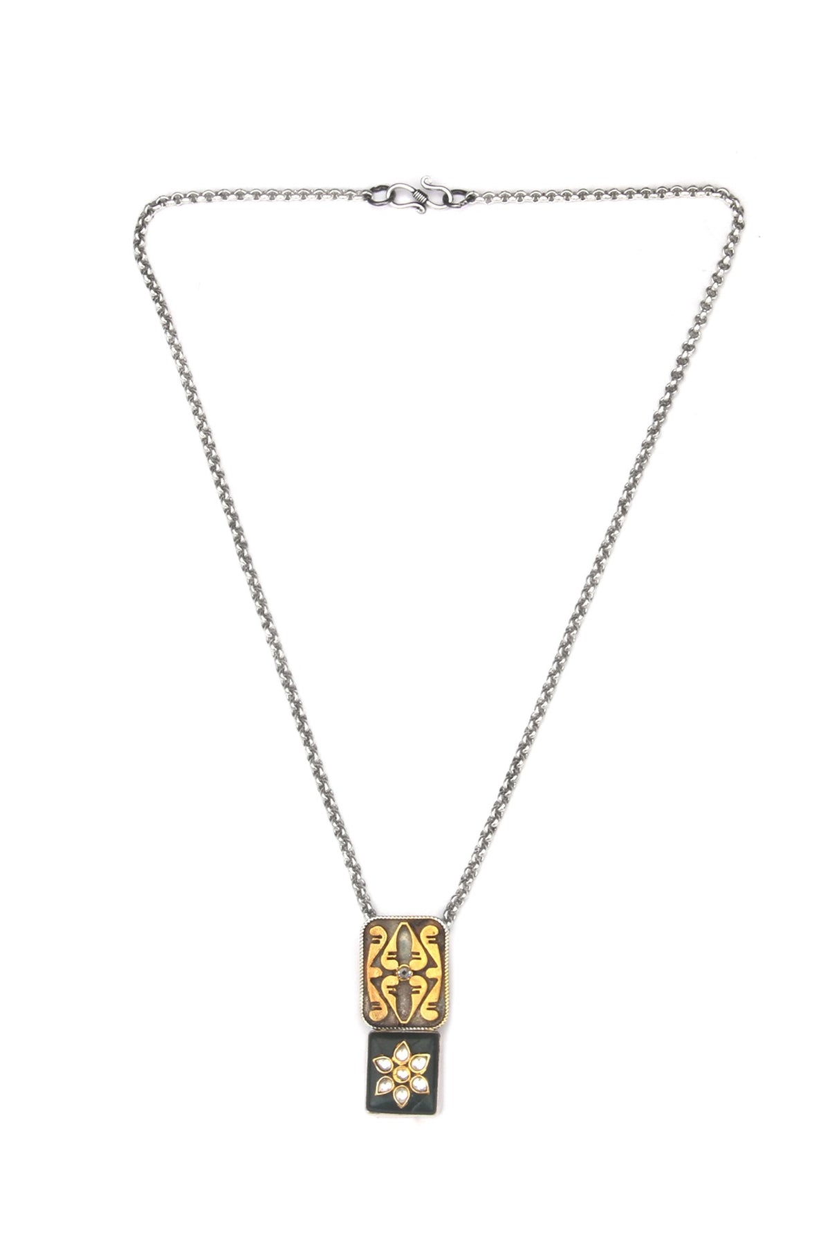 Gold Finish Kundan Polki & Green Onyx Pendant Necklace In Sterling Silver