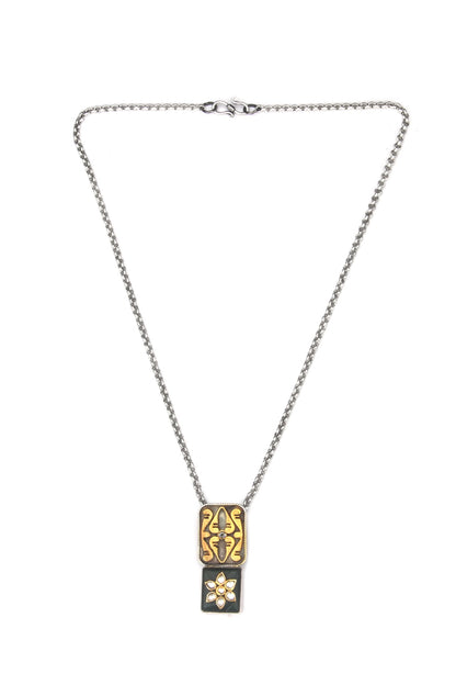 Gold Finish Kundan Polki & Green Onyx Pendant Necklace In Sterling Silver