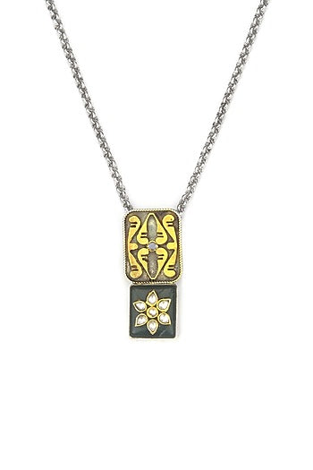 Gold Finish Kundan Polki & Green Onyx Pendant Necklace In Sterling Silver
