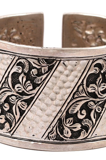 Silver Handcrafted Engraved Adjustable Bracelet In Sterling Silver