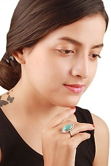 Silver Turquoise Stone Adjustable Ring In Sterling Silver
