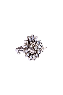 Silver Kundan Handcrafted Oxidized Adjustable Ring In Sterling Silver