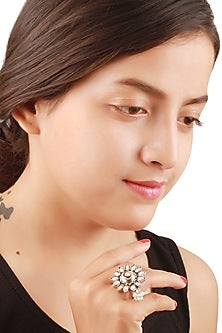 Silver Kundan Handcrafted Oxidized Adjustable Ring In Sterling Silver