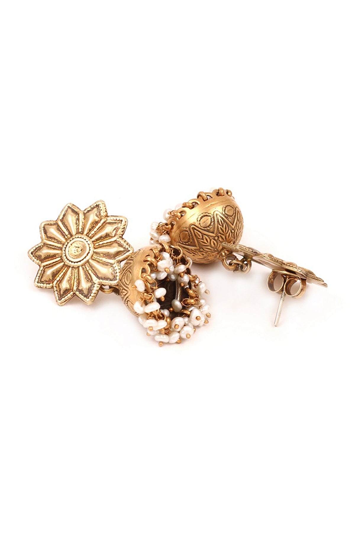 Gold Finish Handcrafted Pearls Dangler Earrings In Sterling Silver