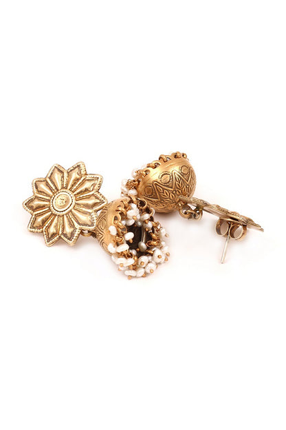 Gold Finish Handcrafted Pearls Dangler Earrings In Sterling Silver