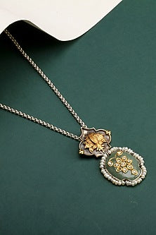 Gold Finish Kundan Polki & Green Onyx Pendant Necklace