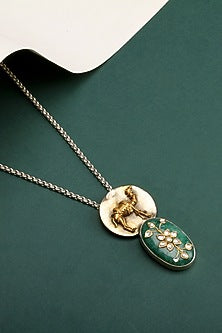 Gold Finish Kundan Polki & Green Onyx Pendant Necklace