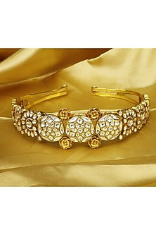 Gold Finish Kundan Polki Handcrafted Hairband In Sterling Silver