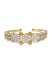 Gold Finish Kundan Polki Handcrafted Hairband In Sterling Silver