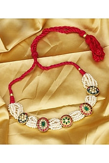 Gold Finish Kundan Polki Handcrafted Choker Necklace In Sterling Silver