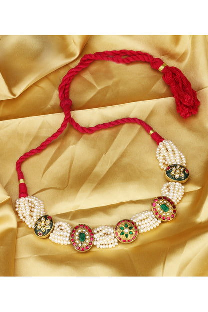Gold Finish Kundan Polki Handcrafted Choker Necklace In Sterling Silver