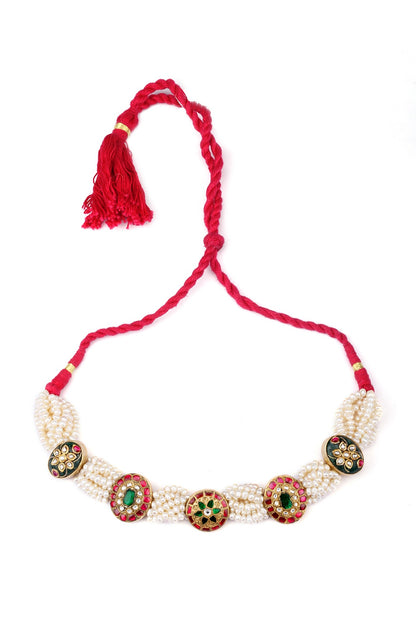 Gold Finish Kundan Polki Handcrafted Choker Necklace In Sterling Silver