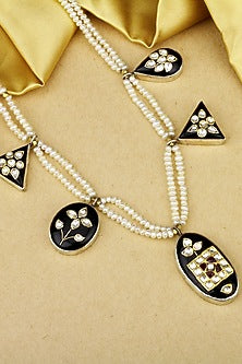 Gold Finish Kundan Polki Handcrafted Long Necklace In Sterling Silver