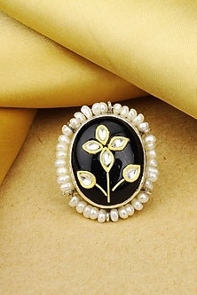 Gold Finish Black Onyx Stone Handcrafted Ring In Sterling Silver