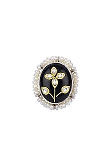 Gold Finish Black Onyx Stone Handcrafted Ring In Sterling Silver